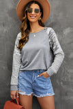 Round Neck Raglan Sleeve Camo Striped Patchwork Top