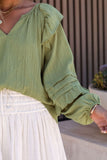 Split V Neck Ruffled Bubble Sleeves Blouse