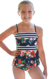 Navy Floral Print Peplum Little Girls Swimsuit