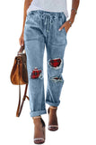 Plaid Patches Cotton Pocketed Denim Jeans