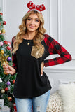 Sequined Pocket Plaid Raglan Black Top