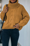 Khaki Solid Turtleneck Cable Knit Pullover Sweater