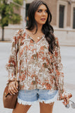 Print Tie V Neck Button Up Blouse
