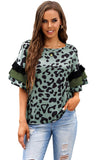 Olive Green Leopard Ruffled Sleeves Top