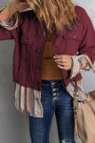 Red Button Up Pockets Striped Color Block Corduroy Jacket