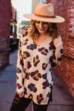 Apricot Colorful Leopard Print V Neck Long Sleeve Top with Slits