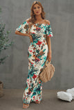 Turquoise Roses Print Off-the-shoulder Maxi Dress