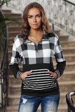 Plaid Striped Pocket Zipper Collar Sweatshirt