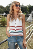 V Neck Striped Pattern Knit Tank Top with Buttons