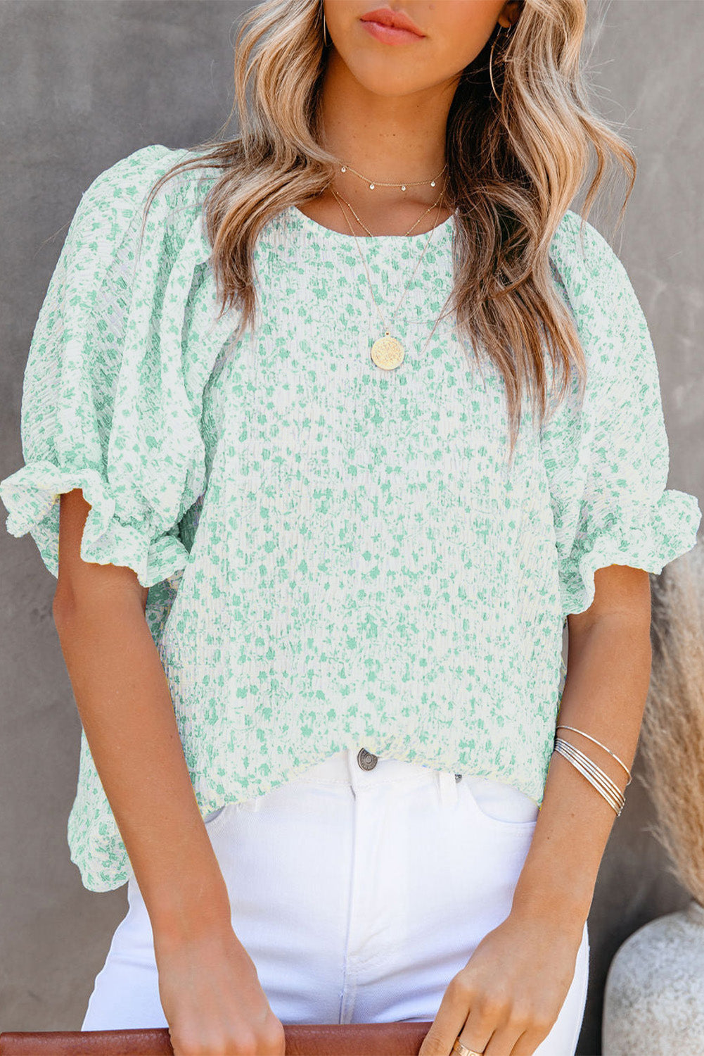 Green Floral Smocked Puff Sleeve Blouse