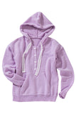 Kangaroo Pocket Button Lace Drawstring Hooded Pullover Sweater