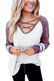 Plaid Criss Cross V Neck Waffle Knit Long Sleeve Top