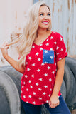 USA Star Print Patch Pocket Blue T-shirt
