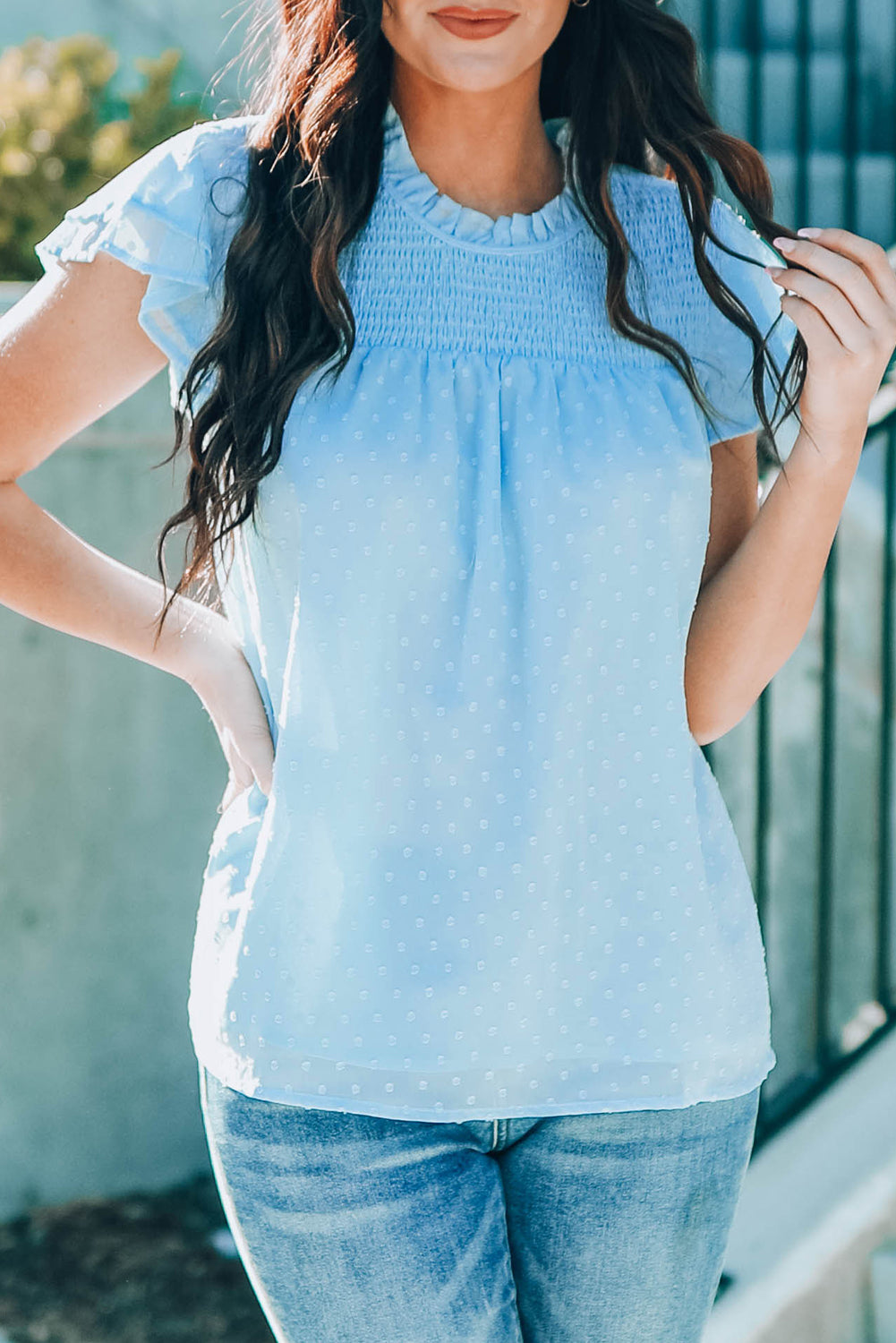 Blue Tiered Sleeve Frilled Neck Dotted Top