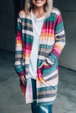 color Striped Print Long Sleeve Open Front Long Cardigan