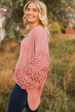 Pink Lace Patchwork Waffle Knit Balloon Sleeve Blouse