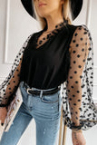 Black Lace Contrast V Neck Puffy Sleeve Blouse
