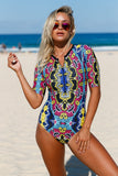 Print Zip Front Half Sleeve One Piece Swimsuit
