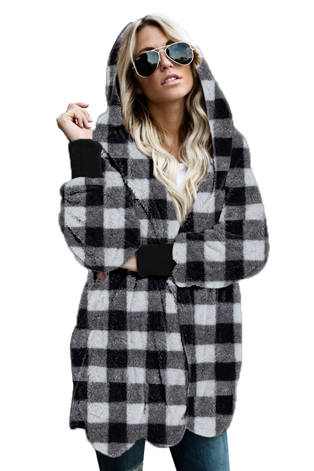 Plaid Fuzzy Fleece Open Front Hooded Coat with Pocket