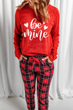 Solid Long Sleeve Top and Plaid Pants Loungewear