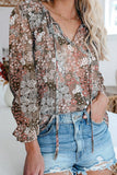 Printed Long Sleeve V-Neck Drawstring Shirt