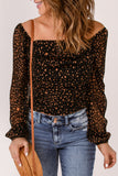 Black Wild Moss Spots Ruched Sheer Long Sleeve Top