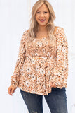 Khaki Square Neck Floral Leopard Smocked Bust Plus Size Blouse