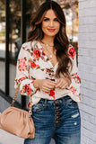 Beige Floral Print V Neck Button Down Blouse