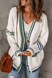 Striped Buttoned Pocketed Drop Shoulder Sweater