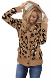 Beige Long Sleeve Button-up Hooded Leopard Print Cardigan