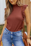 Brown Ribbed Ruffled Sleeve Mock Neck Blouse