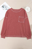 Contrast Stitching Trim Waffle Knit Pullover