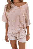 Star Print V Neck Tee and Drawstring Shorts Lounge Set