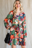 Abstract Print Ruffled Drawstring High Waist Mini Dress