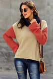 Khaki Long Sleeve Turtleneck Color Block Pullover Knit Sweater