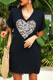 Heart-shape Leopard Print V Neck T-shirt Dress