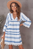 Khaki Vintage Print V Neck Lace Stitching Loose Dress