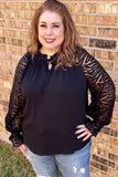 Black Plus Size Zebra Mesh Sleeve Blouse