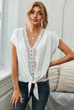 V Neck Lace Patchwork Tee with Knot
