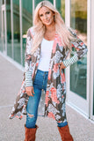 Brown Striped Cuffs Floral Print Long Cardigan