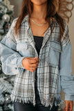 Sky Blue Plaid Patchwork Fringed Flap Pockets Denim Jacket
