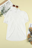 Frilled High Neck Eyelet Pattern Puff Sleeve Top