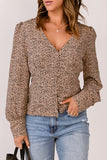 V Neck Puff Sleeve Buttons Leopard Print Shirt