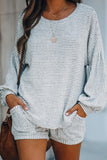 Balloon Sleeve Striped Cotton Blend Top & Drawstring Shorts Set