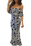 Turquoise Roses Print Off-the-shoulder Maxi Dress