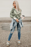 Long Sleeve Cutout V Neck Camo Top