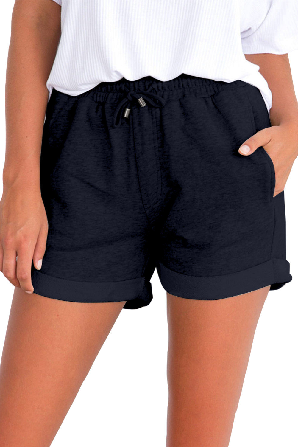 Tie Waist Side Pockets Cuffed Lounge Shorts