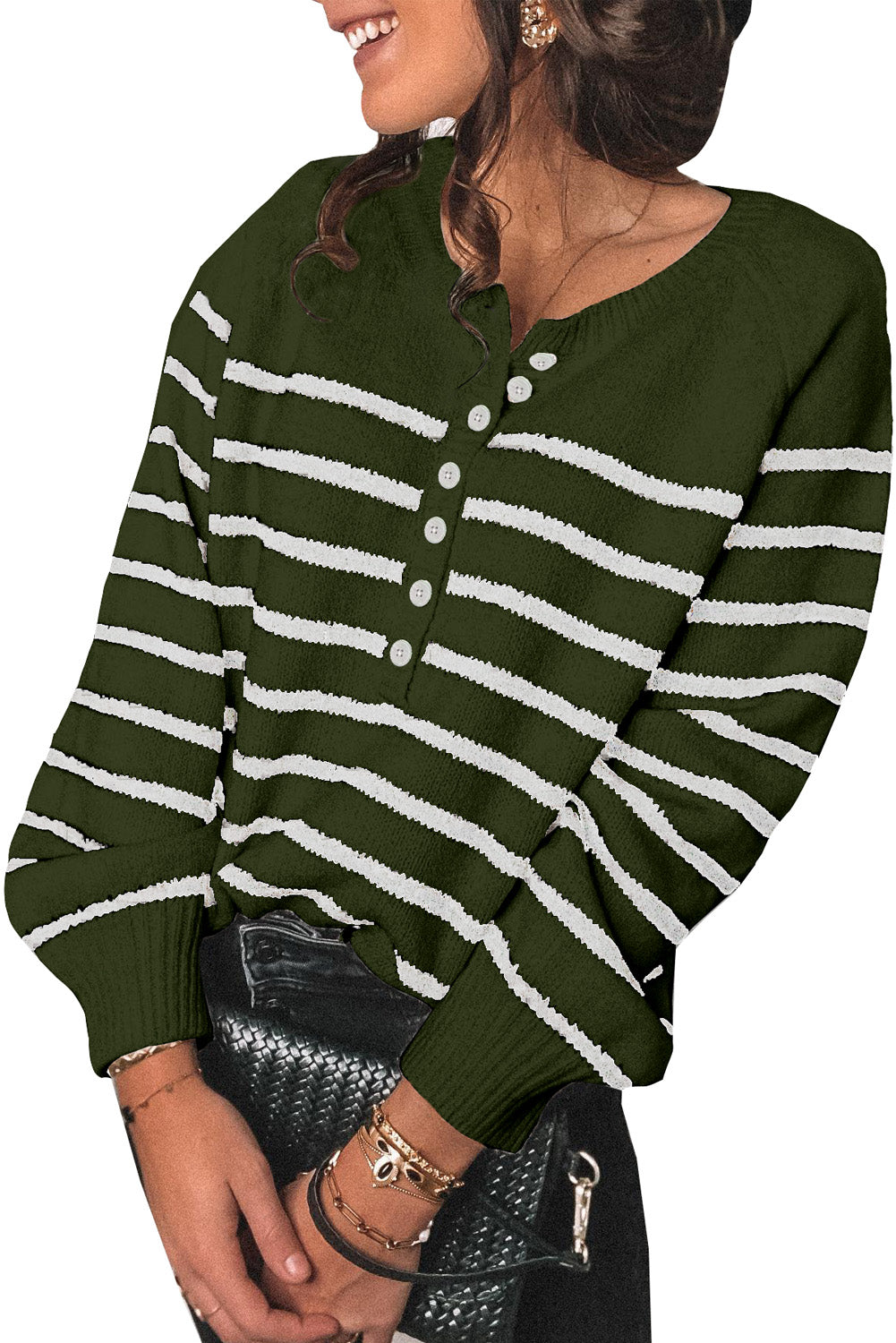 Striped Buttoned Knitted Sweater