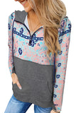 Boho Print Color Block Patchwork Zip Collar Sweatshirt