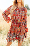 Western Pattern Print Lantern Sleeve Drawstring Mini Dress